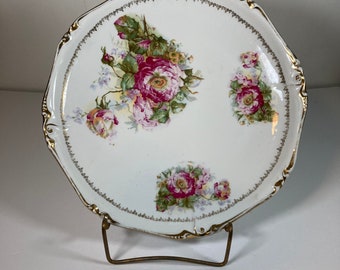 Vintage Vtg Cabbage Rose Transferware Serving Cake Platter 7/424 Porcelain Probably Eastern European Gilded Rim 11.5” SEE