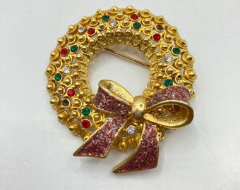 Broche Vintage Noël En émail - Balle Avec Noeud Rouge Vert Strass Argenté - Occasion