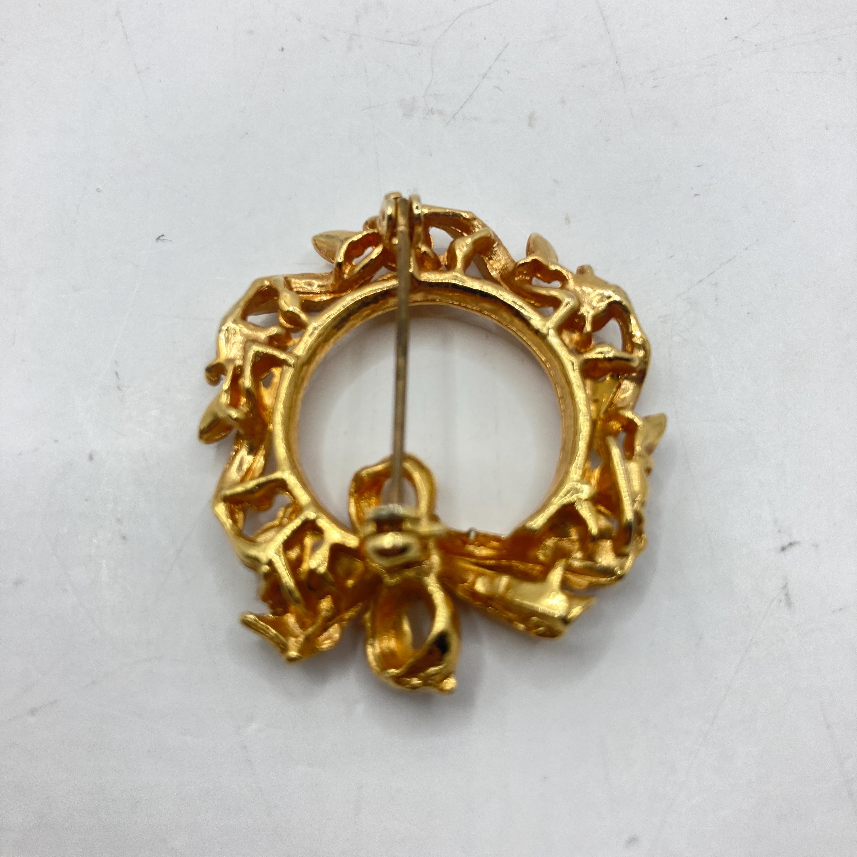 Broche Ronde Vintage 1980 Plaquée Or Avec Strass Citrine - Diamètre 2,4 Cm, Occasion