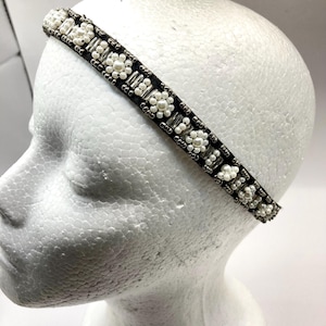 Vintage Vtg Black White Flower Floral Beaded Soft Elastic Headband Faux Pearl For Updo Prom Cocktail Party Festival