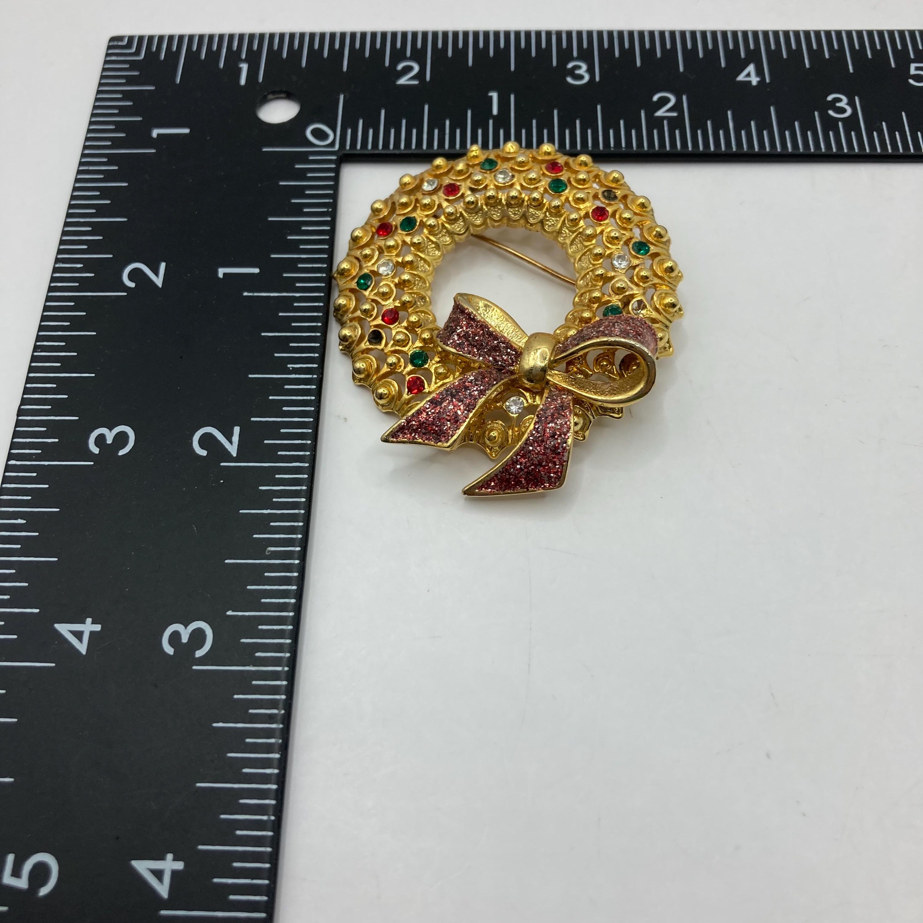 Broche Vintage Noël En émail Rouge Et Vert Avec Strass - Alliage Doré, Style Rétro