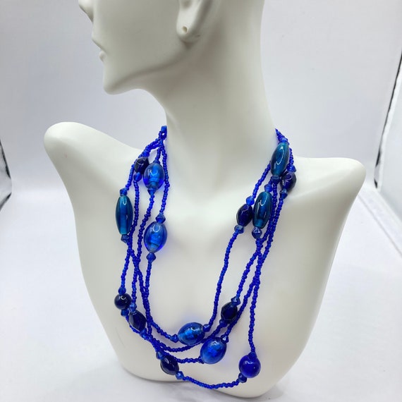 Vintage Vtg Art Glass Cobalt Blue Beaded Necklace… - image 2