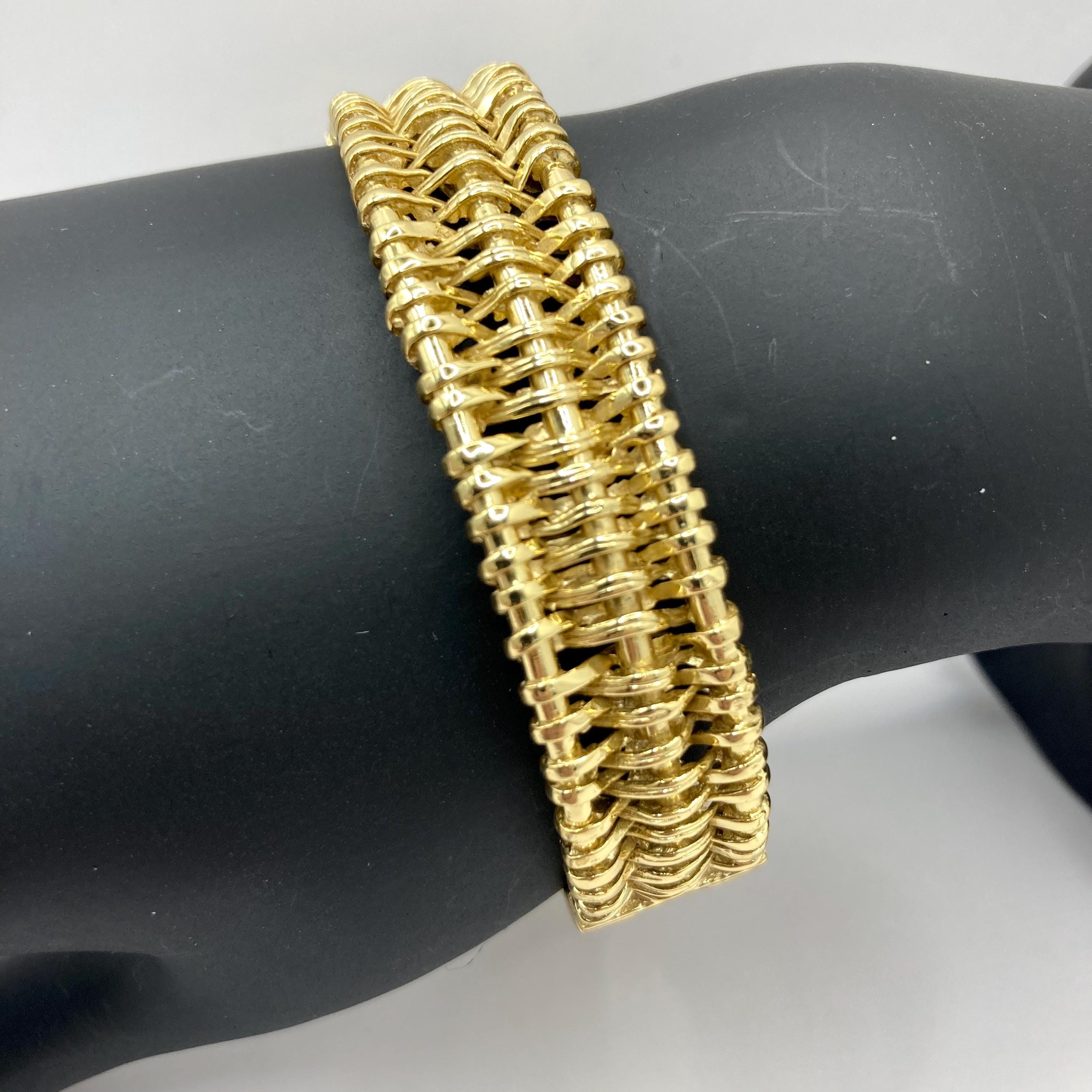SHIMADANTIQUES × toff : Bangle brass Vintage Vtg Cuff Basket Weave Bracelet Gold Plated Sz 7.25 Oval