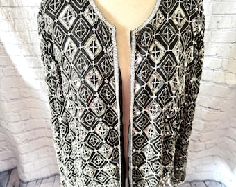 Blazer de noche vintage para mujer, estilo Papell Boutique, talla 18W, 100% seda con cuentas, color plata y negro.
