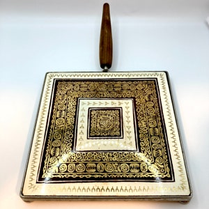 Vintage VTG MCM Ernest Sohn Deutscher Vergoldeter Keramikuntersetzer Mitte des Jahrhunderts Moderne Messing Abnehmbarer Walnussgriff 6-10 ”