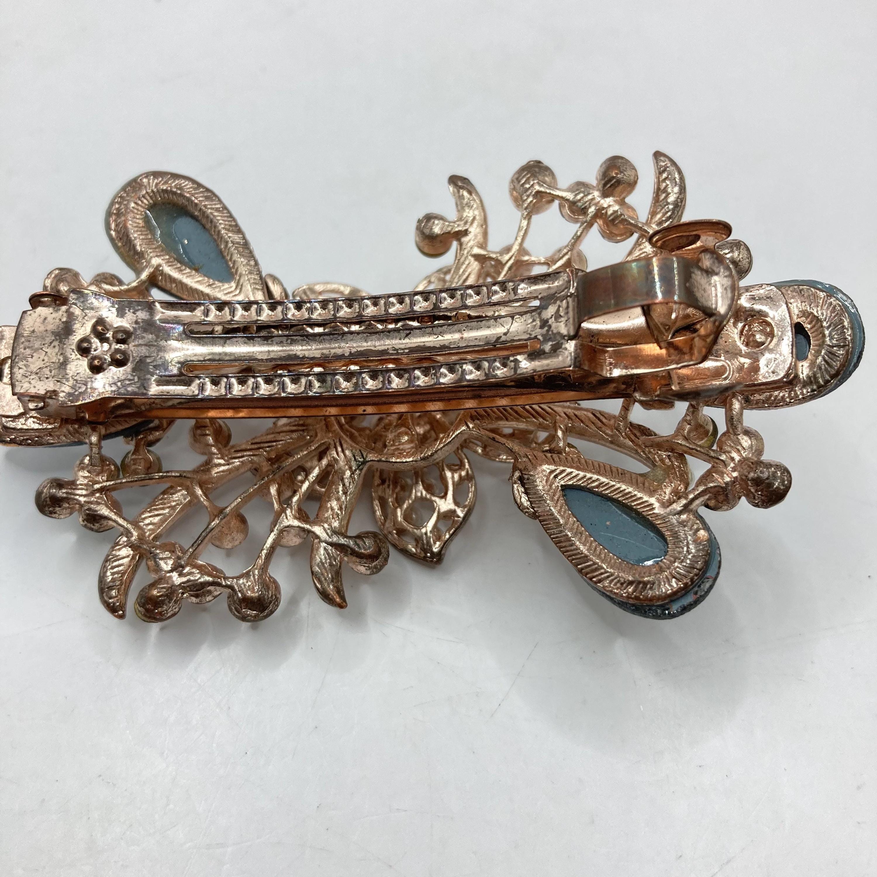 Vintage Vtg Floral Spray Hair Clip Barrette Rhinestones Faux 