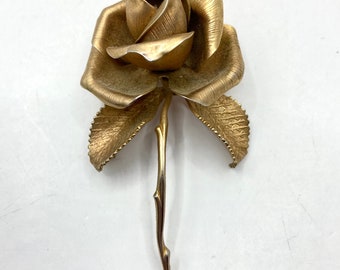 Vintage Vtg Cerrito Single Gold Ton Rose Brosche 1981 Pin Stemed Rose Valentinstag Liebe Romantik Muttertag