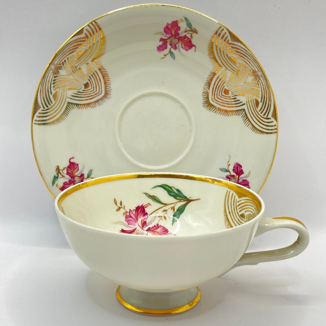 Vintage Vtg Bavaria Teacup Tea Cup Saucer Art Deco White Pink Gold ...