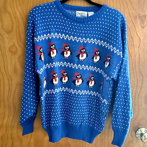 Suéter navideño vintage para mujer, talla M, con pingüinos azules, estampado Fair Isle, "Daddy's Money", estilo años 80.