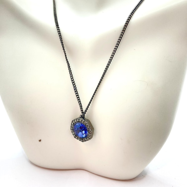 Vintage Vtg Givenchy Pendant Necklace Blue & White Crystals Japanned Oxidized Black Metal Setting 15-18” Choker Curb Chain 1990’s