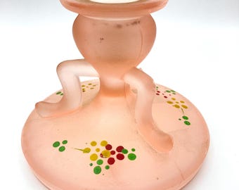 Vintage VTG depressie glazen kandelaar 3,75 x 4 inch mat roze handgeschilderd jaren 1920-1930 ZIE