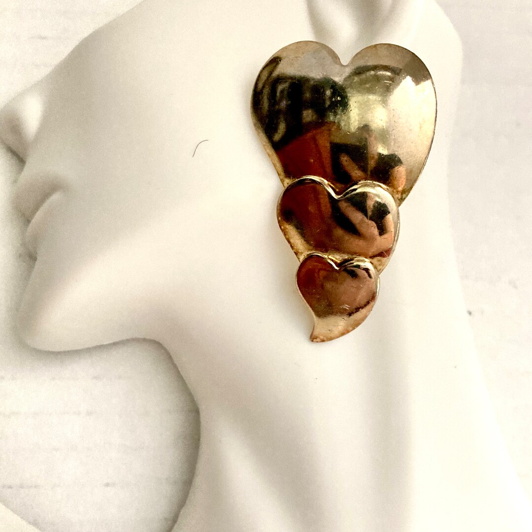 Vintage Vtg Statement Triple Graduated Heart Pierced Earrings Gold Tone ...