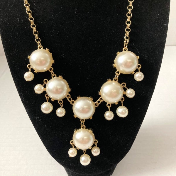 Vintage Vtg Y2K Faux Pearl Gold Tone Bib Necklace 17” Rolo Chain Bubble Drippy Mid Century Style