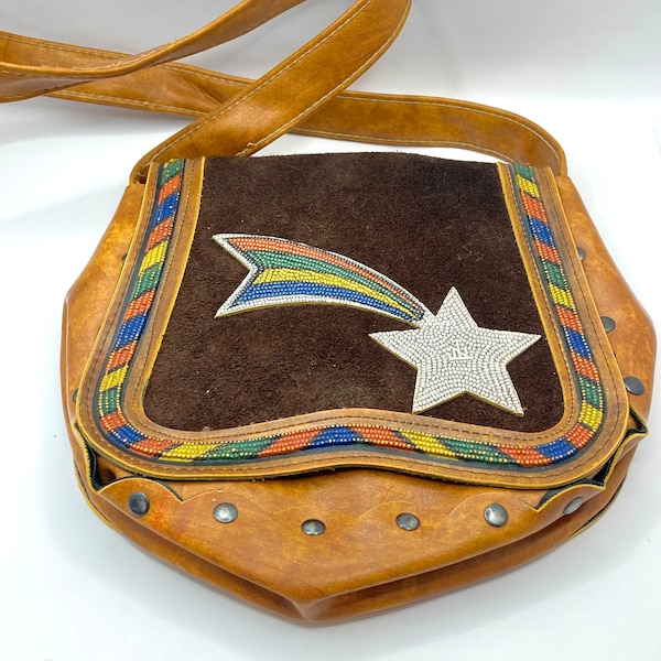Vintage Vtg Brown Leather Hobo Shoulder Bag Handmade Signed Shooting Star Rainbow On Suede 8.5x8.5” Beadwork 1970’s Style Purse