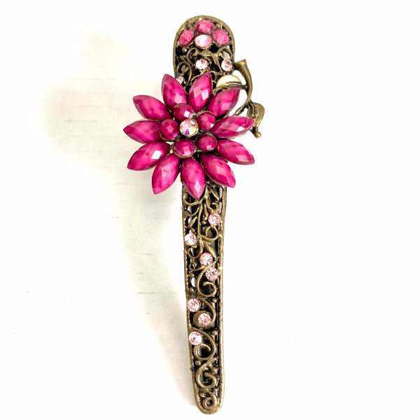 Vintage Vtg Purple Pink Magenta Hair Duckbill Clip Barrette Antiqued Gold Metal Scrollwork 4.75” Prom Pageant Cocktail Party