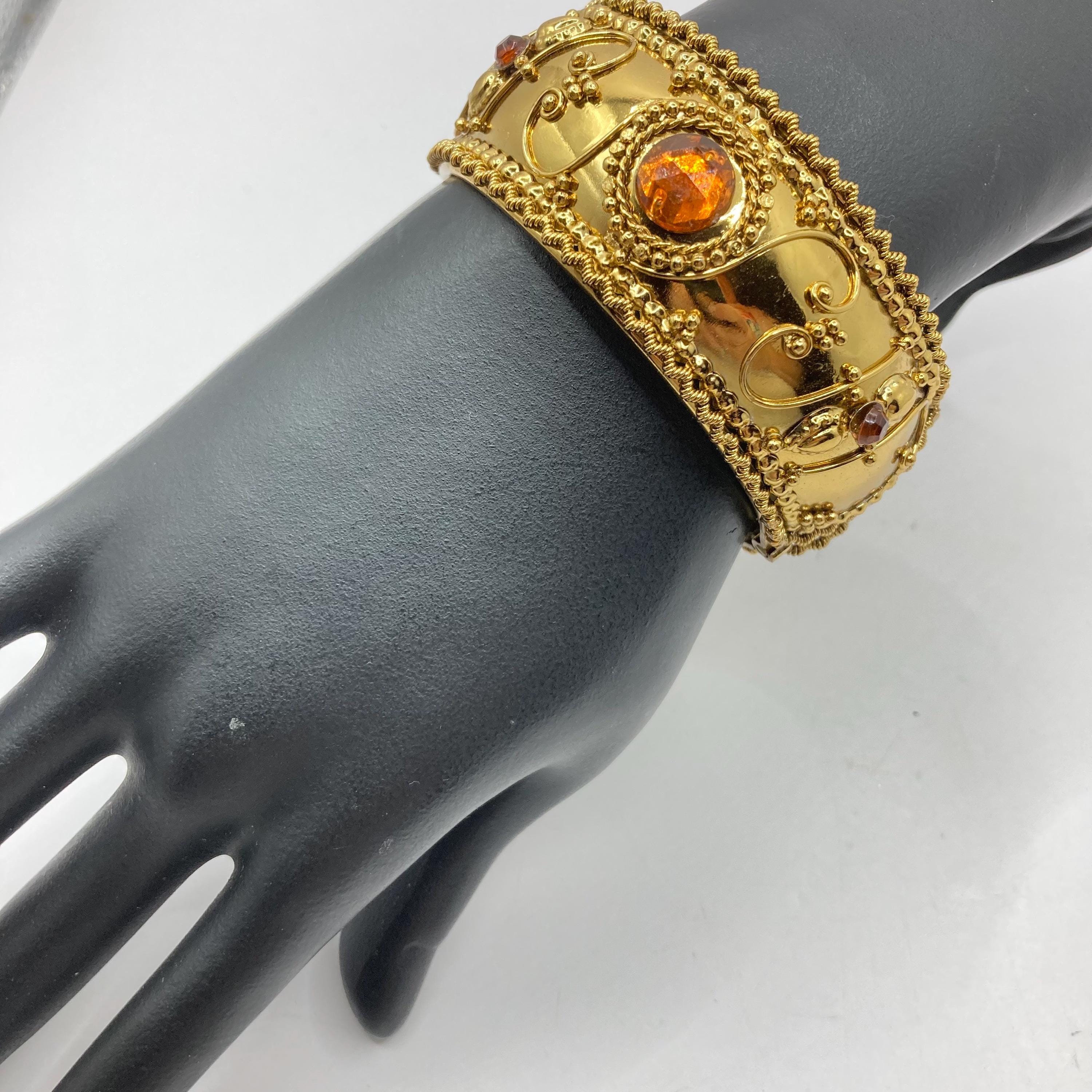 Vintage Vtg Gold Tone Clamper Cuff Bracelet Honey Brown