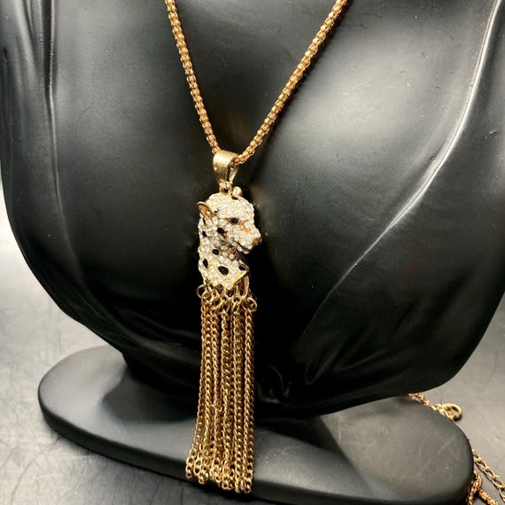 Vintage Vtg Leopard Tassel Pendant Necklace 33” Rose Gold Tone