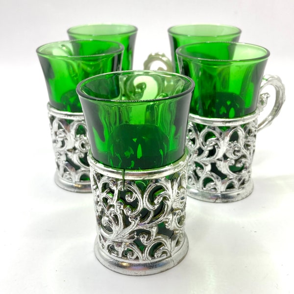 Vintage Vtg Cristallerie Artistiche Italy Espresso Coffee Cups (5) 1960’s Ornate Silver Tone Metal Emerald Green Glass SEE