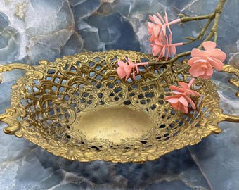 Vintage Italian Filigree Brass Basket Bowl Serving Tray 13.5x8x2.25” Victorian Revival SEE