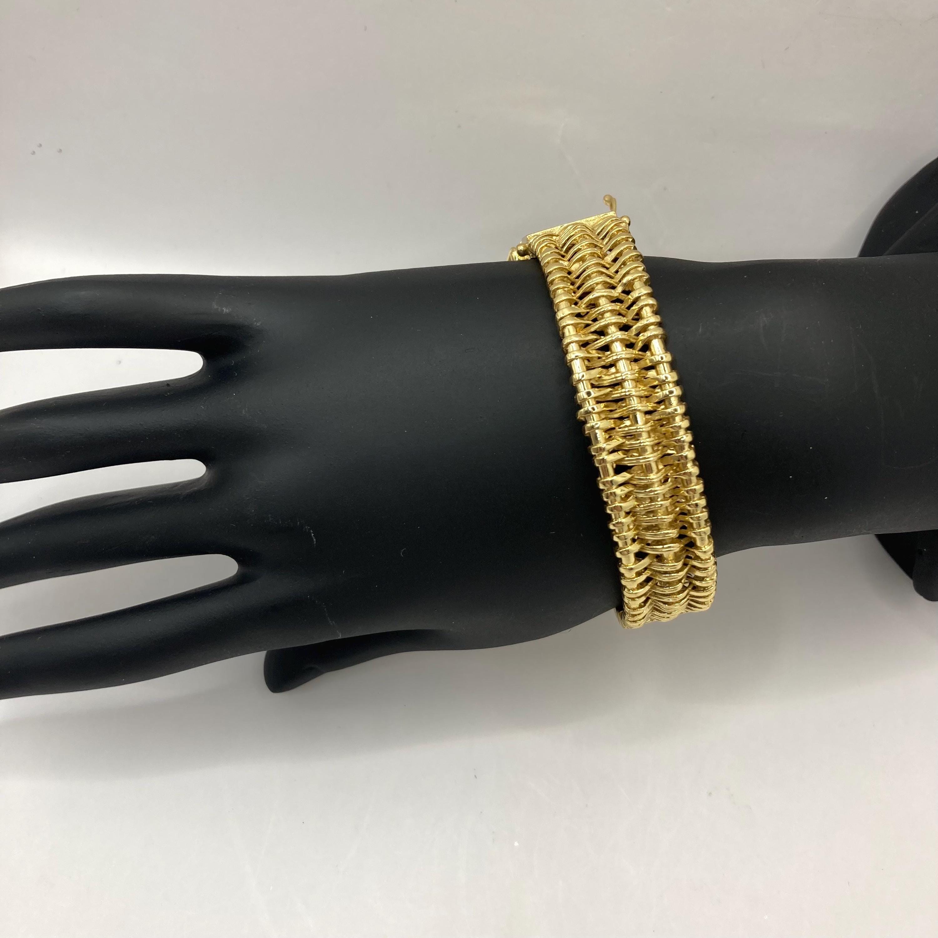 Vintage Vtg Cuff Basket Weave Bracelet Gold Plated Sz 7.25 Oval