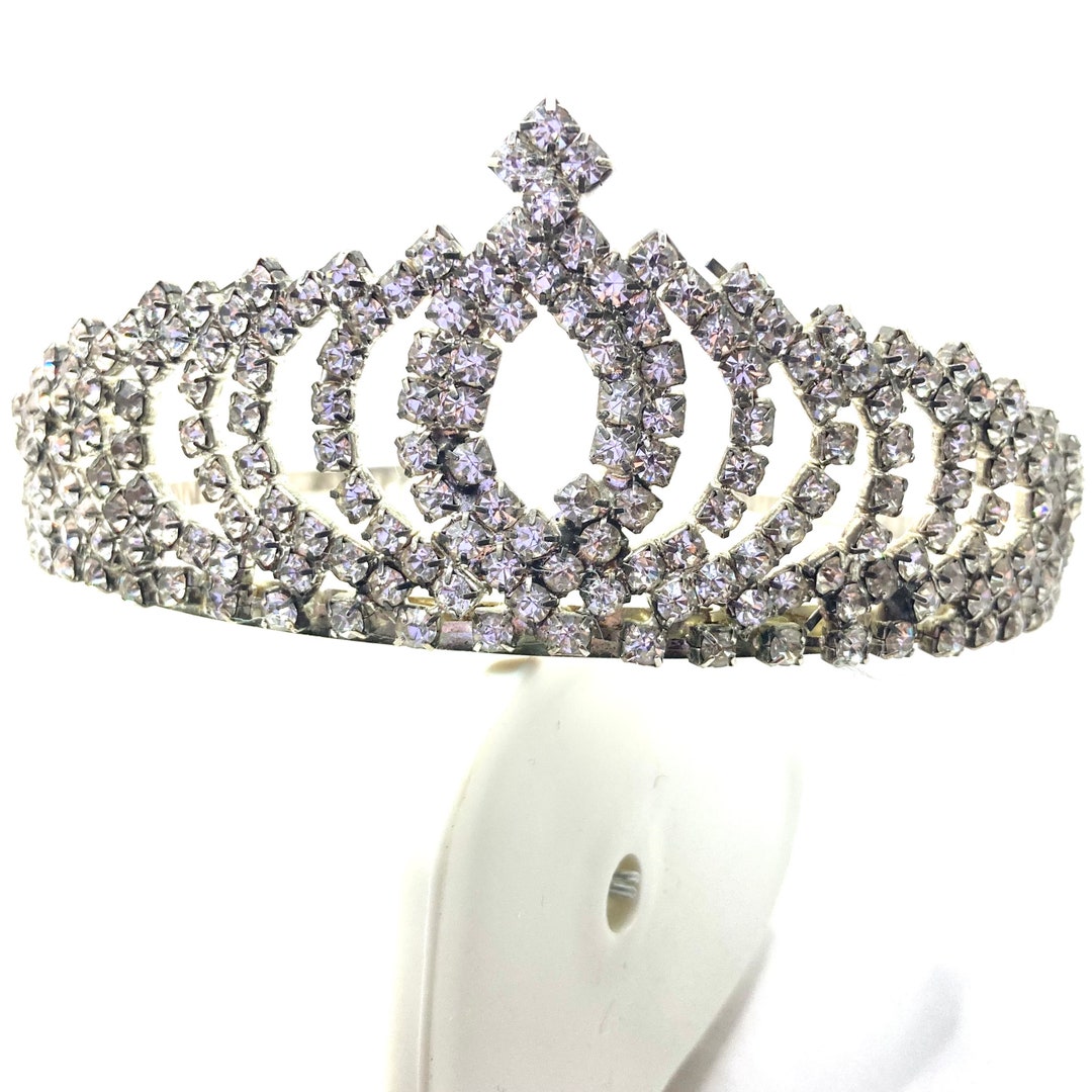 Vintage Vtg Crown Tiara Rhinestone Encrusted Silver Tone White ...