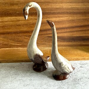 May include: Two ceramic swan figurines. The swans have a cream-colored body with brown accents on the neck and base. One swan has a curved neck, while the other has a straight neck. The figurines are displayed on a wooden surface.