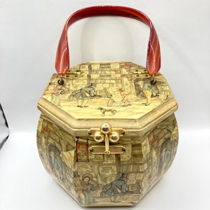 Vintage Vtg 197O’s Anton Pieck Decoupage Wooden Octagon Box Purse Lucite Handle Georgian Shop Street Scene 6x6 SEE