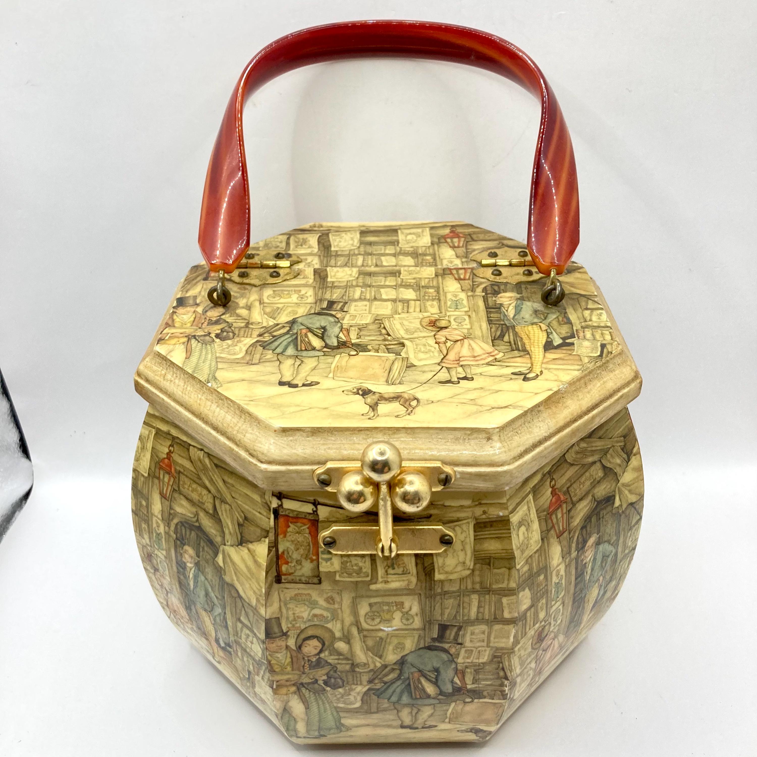 Vintage Vtg 197o's Anton Pieck Decoupage Wooden Octagon Box Purse