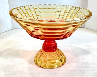 Vintage Vtg MCM Mid Century Jeannette Amberina Louisa Pattern Pressed Glass Red Yellow Orange 9x7” Footed Fruit Bowl