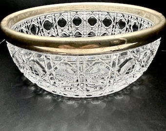 Ciotola da portata vintage in cristallo tagliato con bordo argentato 8x3 VEDI