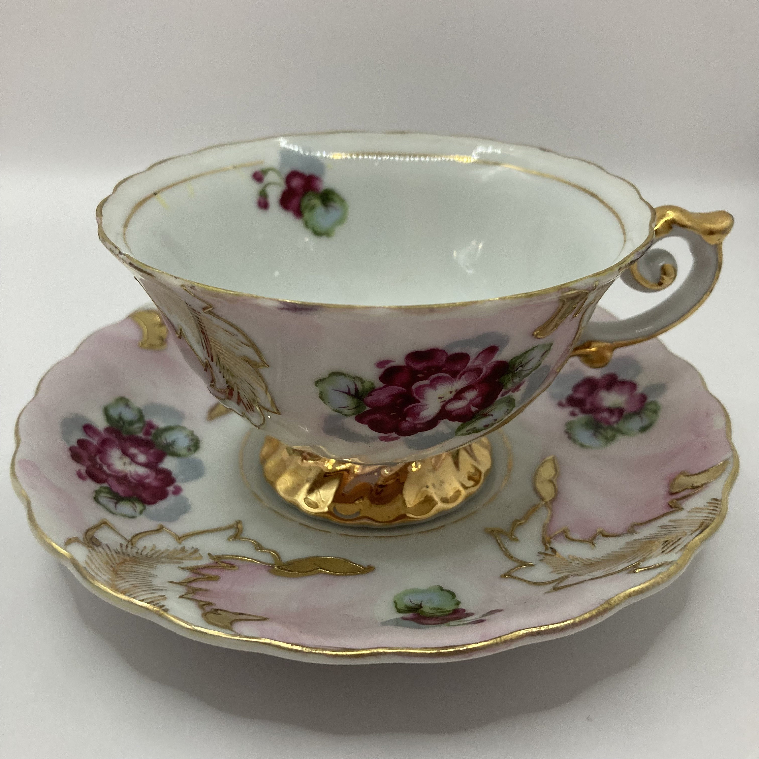 Vintage Vtg HB Teacup Tea Cup & Saucer Set Handpainted Japan Pink