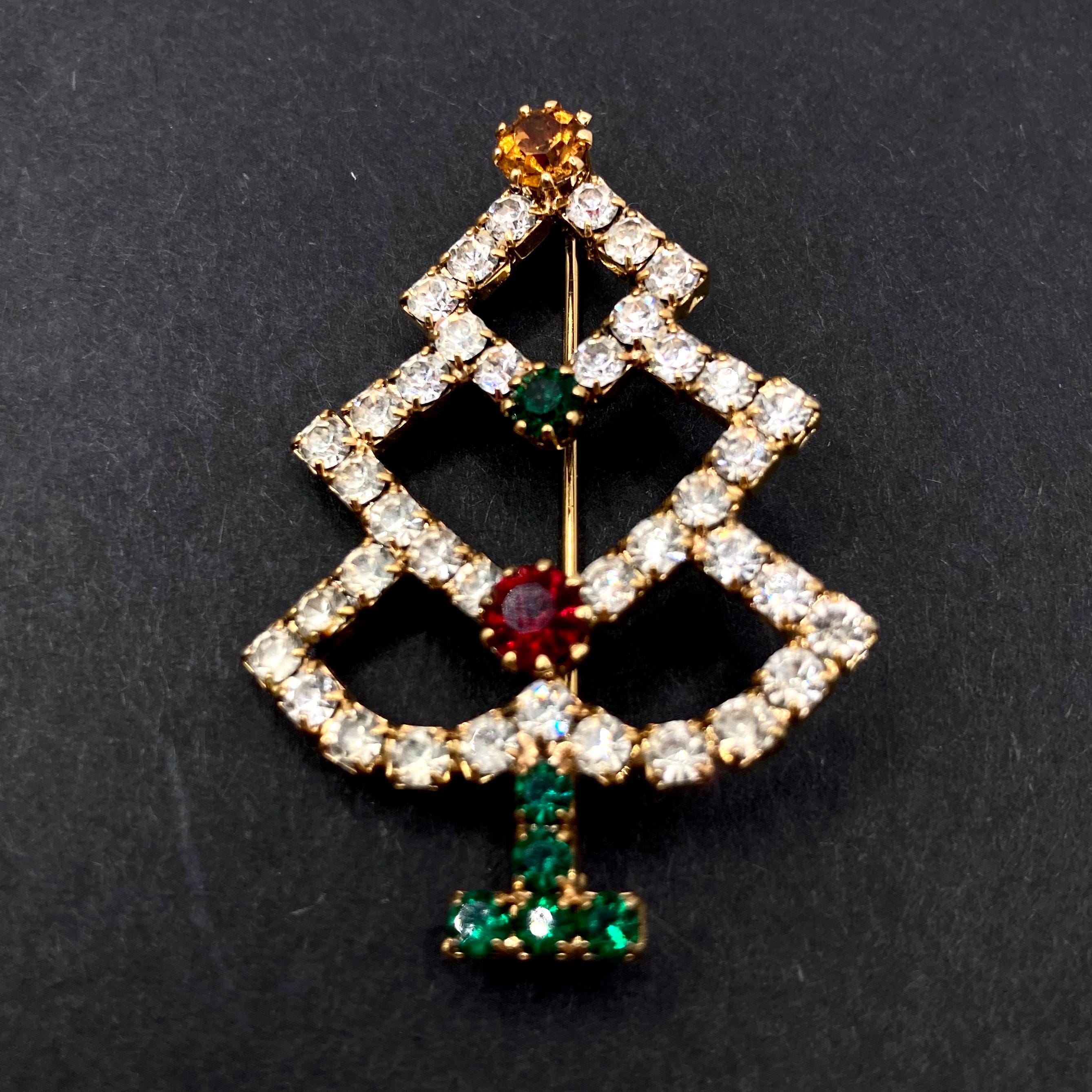 Vintage Vtg Rhinestone Christmas Tree Brooch Prong Channel Set