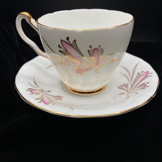 Vintage Vtg Adderley Teacup Tea Cup Saucer Set Pink Gold Footed