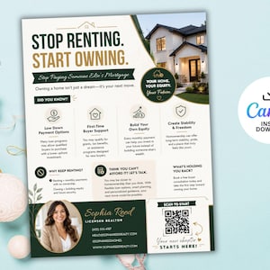 May include: A flyer with the text "STOP RENTING. START OWNING." and a photo of a house. It includes information about homeownership, a realtor's photo, and a QR code. The flyer is a Canva instant download.
