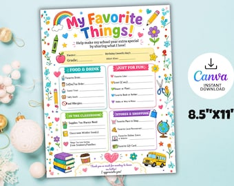 Teacher Favorite Things List: Appreciation Gift Questionnaire (Printable PDF Canva Template)