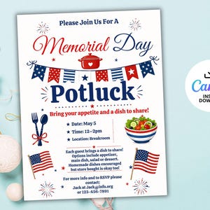 Può includere: Un invito al Potluck del Memorial Day con decorazioni patriottiche rosse, bianche e blu. L'invito include il testo "Please Join Us For A Memorial Day Potluck" e i dettagli dell'evento, tra cui data, ora e luogo.