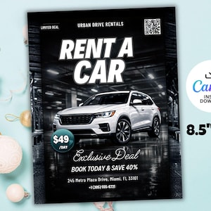 Puede incluir: Un folleto en blanco y negro para Urban Drive Rentals, con un coche blanco. El texto "RENT A CAR" se muestra de forma destacada. El folleto también incluye el texto "Exclusive Deal" y "BOOK TODAY & SAVE 40%", con las dimensiones 21,6 cm x 27,9 cm.