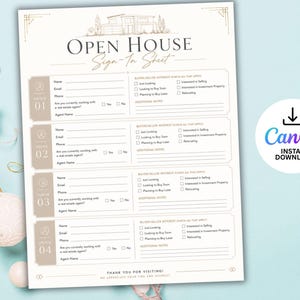 Peut inclure: Feuille d'inscription beige pour une journée portes ouvertes, avec des bordures décoratives et le texte "OPEN HOUSE Sign-In Sheet". Elle comprend des sections pour les informations des visiteurs et l'intérêt des acheteurs/vendeurs. Le logo Canva est visible.