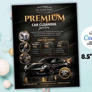 Może przedstawiać: Czarno-złota ulotka promująca usługi czyszczenia samochodów premium. Ulotka zawiera czarny samochód sportowy, szczegóły pakietów usług oraz tekst "PREMIUM CAR CLEANING SERVICE". Ulotka ma wymiary 21,59 cm x 27,94 cm i zawiera ikonę "Canva Instant Download".