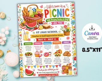 Picnic Theme Teacher Staff Appreciation Week Itinerary Poster, School Event Flyer Canva Template
