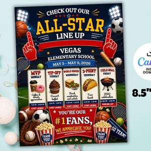 May include: A promotional poster for the Vegas Elementary School All-Star event, featuring sports equipment and food icons. The poster includes the text "Check Out Our All-Star Line Up" and event details. The poster is 8.5" x 11".