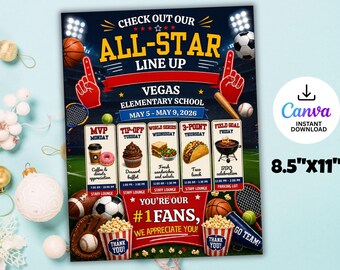 Sports All-star Teacher Appreciation Week Itinerary Flyer, Sports All-Star Theme, Teachers & Staff Event Poster, PTO PTA, Editable Canva