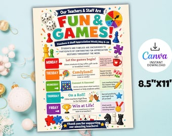 Teacher Appreciation Week Itinerary Flyer: Fun & Games Theme (CANVA Template)