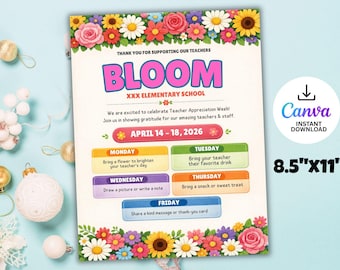 Floral Teacher Appreciation Week Itinerary, Staff Garden Theme Flyer (Digital Download)