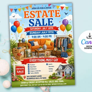 May include: A colorful estate sale flyer featuring an orange sofa, clothing rack, and household items. The text reads JOIN US FOR A HUGE ESTATE SALE, SATURDAY JULY 10TH, SUNDAY JULY 11TH, 9:00 AM - 4:00 PM, EVERYTHING MUST GO, and 901 SUNNY LANE.