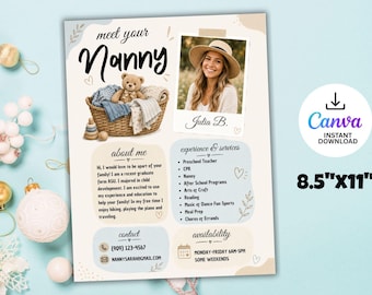 Nanny Profile Flyer Template, Meet Your Nanny Business, Editable Resume (8.5x11 Inches)