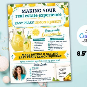 Puede incluir: Un folleto de tamaño A4 con una receta de limonada y un tema inmobiliario. El folleto incluye una jarra y un tarro de limonada, ingredientes e instrucciones. El texto dice "Making Your Real Estate Experience Easy Peasy Lemon Squeezy."