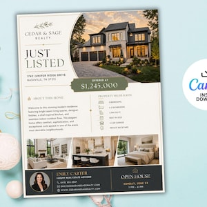 May include: A real estate flyer with a photo of a modern house, listing details, and the text "JUST LISTED." The flyer includes property highlights, an agent's photo, and an open house announcement. The flyer is designed with a light color scheme.