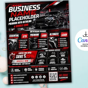 May include: A black and red flyer for premium auto detailing and vehicle care. The flyer includes a picture of a black car, detailing packages, and a limited-time offer to save up to 25%. The flyer also includes a QR code.