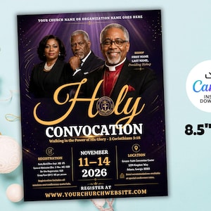 May include: A flyer for a Holy Convocation event, featuring three people in formal attire. The design is predominantly purple and gold, with the words "Holy Convocation" prominently displayed. The flyer is 8.5" x 11" in size.